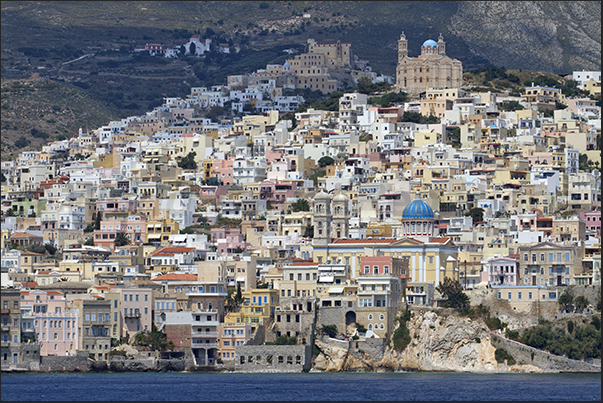 Ermoupoli. The church of the Assumption of the Virgin Mary (bottom) and above the church of the Resurrection of the Lord Ermoupoli. The church of the Assumption of the Virgin Mary (bottom) and above the church of the Resurrection of the Lord