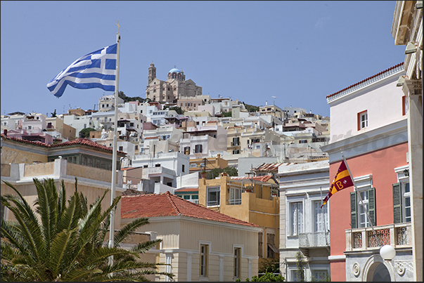 Ermoupoli, the capital of the island with, above, the church of the Resurrection of the Lord Ermoupoli, the capital of the island with, above, the church of the Resurrection of the Lord