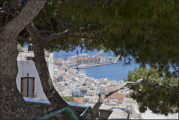 Panorama of the port of Ermoupoli where ferries dock sailing in the archipelago Panorama of the port of Ermoupoli where ferries dock sailing in the archipelago