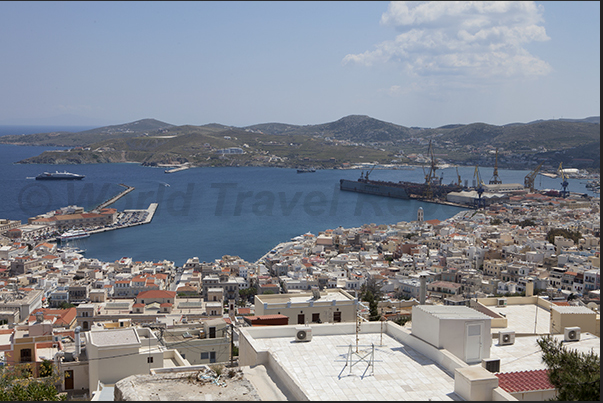 The port and shipyards in the bay in front of Ermoupoli The port and shipyards in the bay in front of Ermoupoli