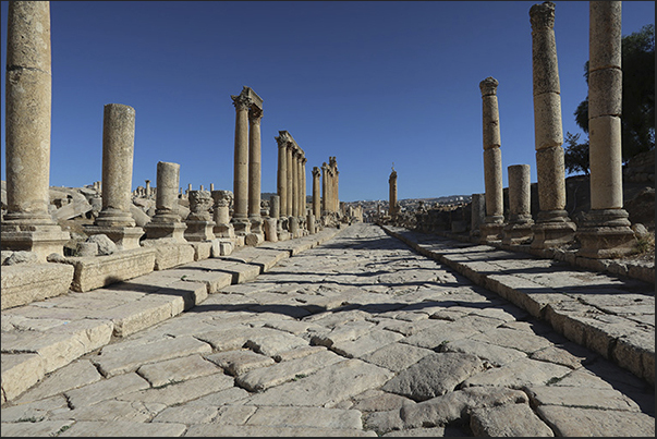 The long paved avenue with colonnade that crosses the archaeological site The long paved avenue with colonnade that crosses the archaeological site