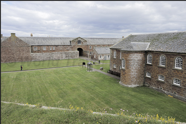 Fort George, the church (right) and the soldiers' buildings