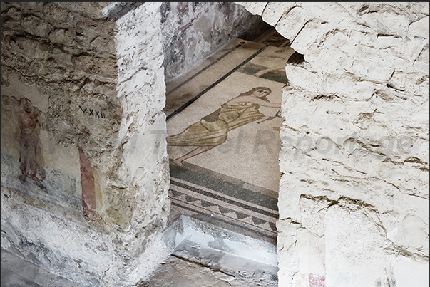 Entrance to the most famous room of the Roman villa, the room with the mosaic of women in bikinis