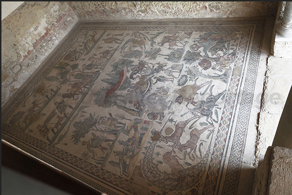 Mosaic with hunting scenes, deer, dogs, horses and knights in the room called the small hunt