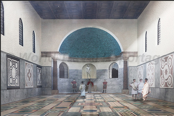 Computer graphics representation of the basilica of the villa in Roman times