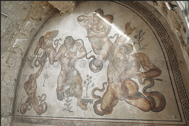 The triclinium room where dinners with dances and music were organized. The mosaics represent Hercules and some Gods