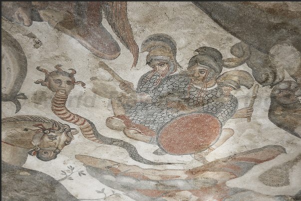 The triclinium room where dinners with dances and music were organized. The mosaics represent Hercules and some Gods