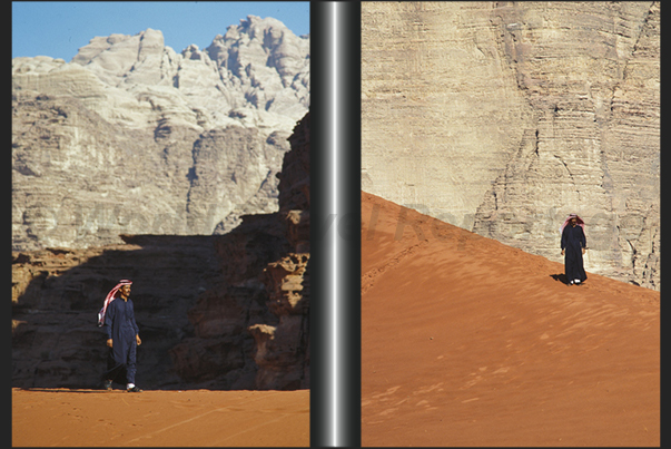 Two steps on the red sand dunes that characterize the Wadi Rum Two steps on the red sand dunes that characterize the Wadi Rum