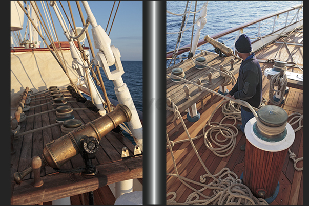 Sailor on the maneuvers of the jibs sails on the bow and the little cannon on the bow, used to fire salvoes in the special occasions Sailor on the maneuvers of the jibs sails on the bow and the little cannon on the bow, used to fire salvoes in the special occasions