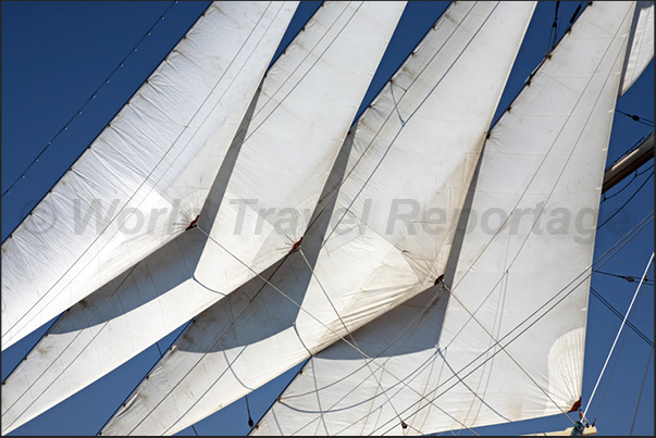The headsails (jibs) tensioned on the bow. The headsails (jibs) tensioned on the bow.