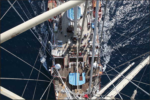 The ship Star Clipper, during the sailing to the island of Santorini