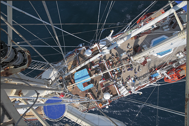 The ship Star Clipper, during the sailing to the island of Santorini