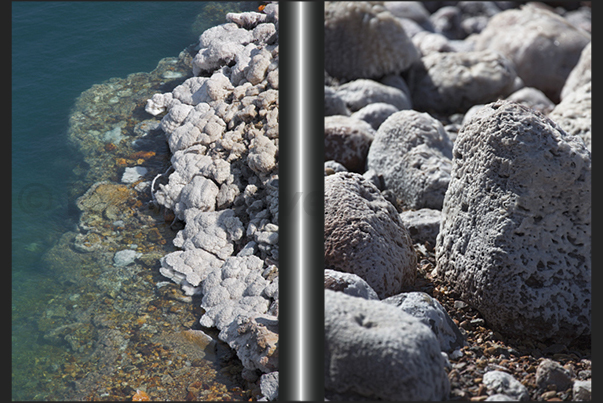 The high temperatures, cause the continuous and rapid evaporation of the water and leave on the rocks, thick layers of salt The high temperatures, cause the continuous and rapid evaporation of the water and leave on the rocks, thick layers of salt