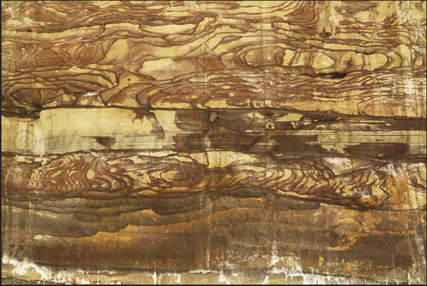 On the walls of the canyon, layers of oxides create fantastic designs