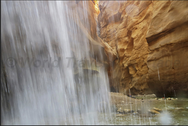 The falls mark the end of the easy route to Wadi Mujib canyon that, from the Dead Sea, reaches the base of waterfalls The falls mark the end of the easy route to Wadi Mujib canyon that, from the Dead Sea, reaches the base of waterfalls
