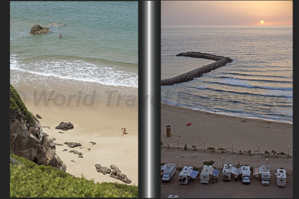 The beach of Buggerru Bay with the camp for motor homes. Entrance to the Port of Buggerru at sunset