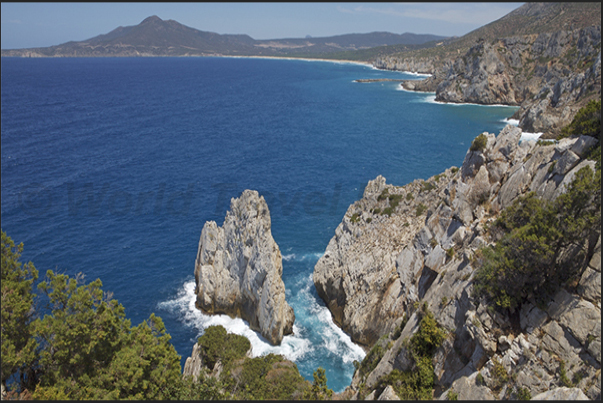 The rock called the Nest of the Eagle in Buggerru Bay and, on the horizon, Capo Pecora (Sheep Cape) The rock called the Nest of the Eagle in Buggerru Bay and, on the horizon, Capo Pecora (Sheep Cape)