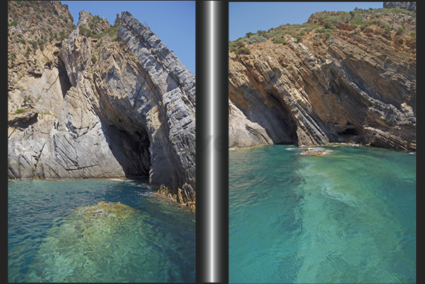 The cliff between Cala Domestica Bay and Porto Flavia. Clean waters rich of fish The cliff between Cala Domestica Bay and Porto Flavia. Clean waters rich of fish