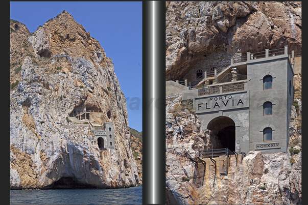 Porto Flavia (Masua Bay). On the cliff, the output of mines galleries, under, the anchorage for the ships to be loaded with minerals Porto Flavia (Masua Bay). On the cliff, the output of mines galleries, under, the anchorage for the ships to be loaded with minerals