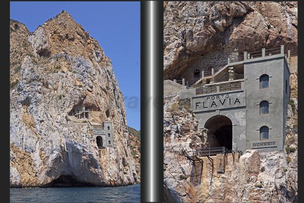 Porto Flavia (Masua Bay). On the cliff, the output of mines galleries, under, the anchorage for the ships to be loaded with minerals