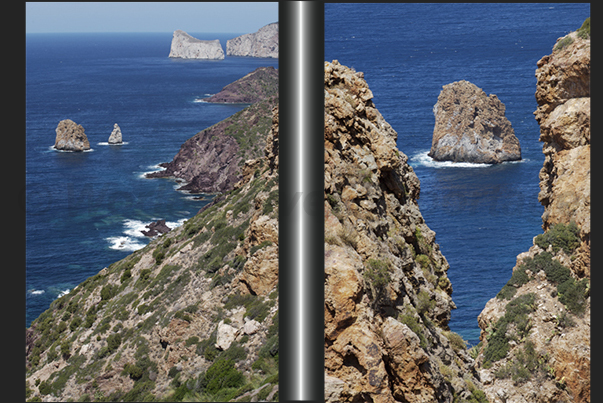 The cliffs below the village of Nebida between Masua Bay and Portoscuso. On the horizon (left), the Pan di Zucchero island