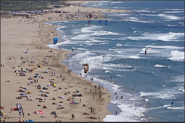 Fontanamare Beach, in the stretch of coast between Nebida and Portoscuso. The beach frequented by surfers and kite surfing