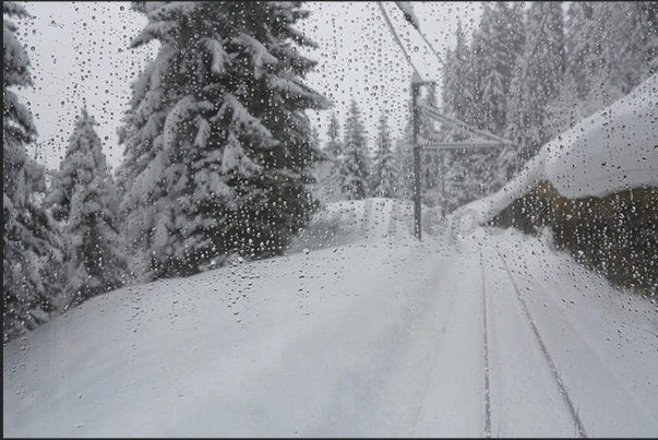 On the train to Murren after taking the cable car that connects the city of Lauternbrunnen with the railway line to Murren