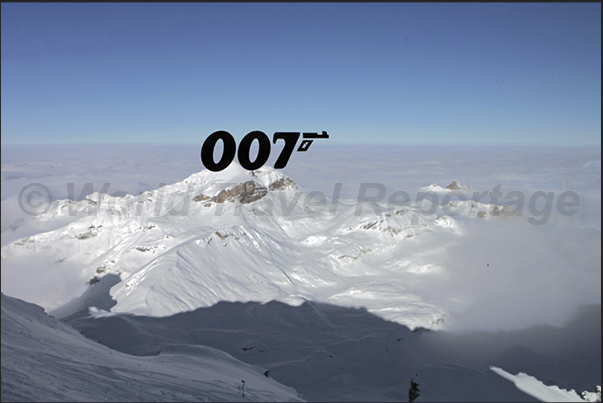 Panorama seen from Piz Gloria restaurant built on the summit of Mount Schilthorn with the logo of James Bond on the windows