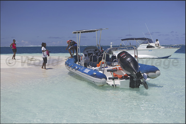 Sand bank in the lagoon, one of favorite places from the tourists that, on board fast boats, they reach the reef Sand bank in the lagoon, one of favorite places from the tourists that, on board fast boats, they reach the reef