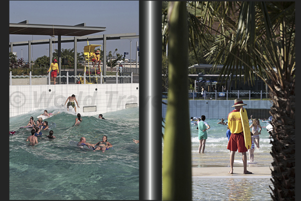 In larger pools, artificial waves are generated to be surfed