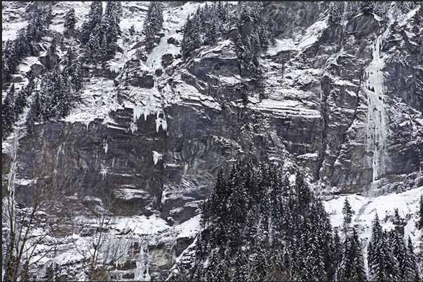 The waterfalls of ice along the railway line that connects Interlaken to Grindelwald