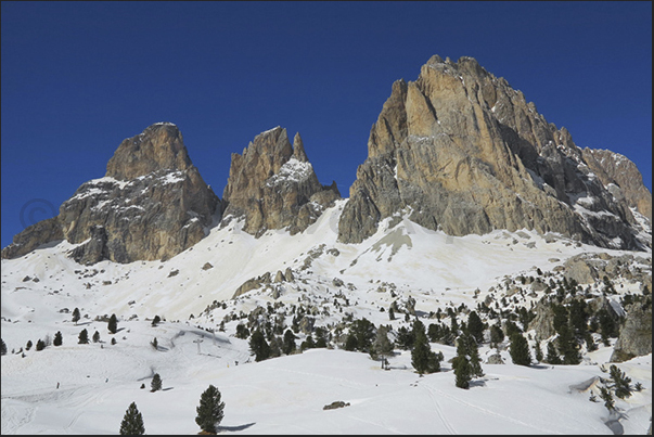 Sella Pass, the rocky group of Sassolungo and Sassopiatto Sella Pass, the rocky group of Sassolungo and Sassopiatto