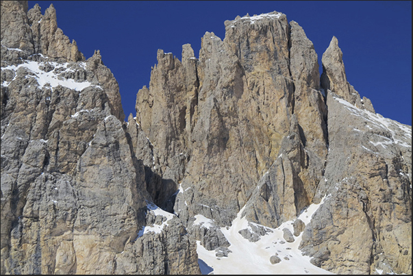 Sella Pass, the rocky mountains above the pass Sella Pass, the rocky mountains above the pass