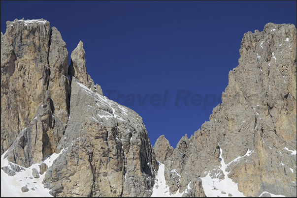 Sella Pass, the rocky mountains above the pass Sella Pass, the rocky mountains above the pass