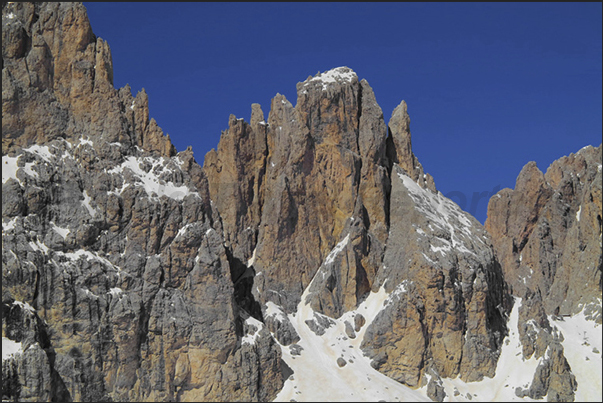 Sella Pass, the rocky mountains above the pass Sella Pass, the rocky mountains above the pass