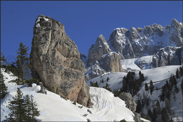 Panorama of the mountains overlooking the descent to Corvara Panorama of the mountains overlooking the descent to Corvara
