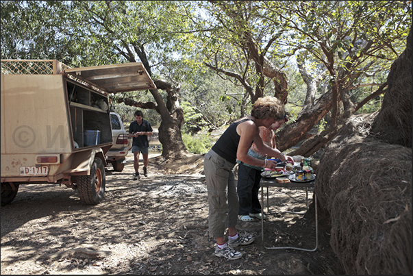 Stop for lunch on the road through the Kakadu National Park. Trolley kitchen and pantry often used for long trips on dirt roads