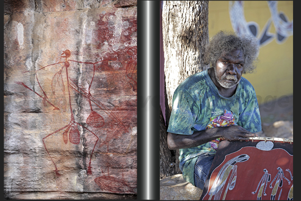 Cave painting (left) and Aboriginal artist in the center of art and culture of Injalak. Gumbalanya (Oenpelli). Cave painting (left) and Aboriginal artist in the center of art and culture of Injalak. Gumbalanya (Oenpelli).