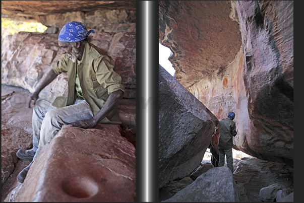 Gumbalanya (Oenpelli). Rock paintings around Injalak Hill. The cup carved into the rock used for the colors of the paintings (left)