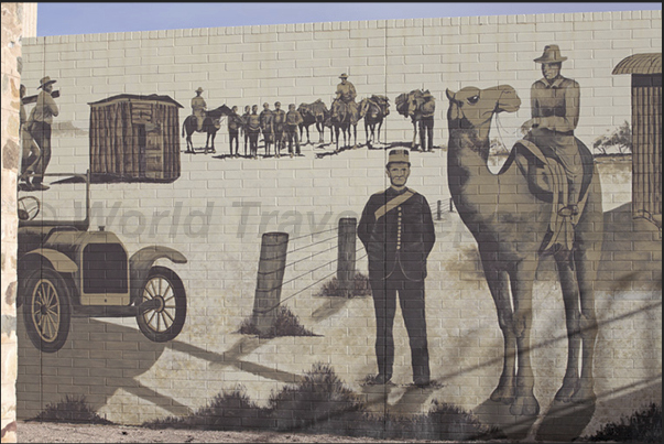 Alice Springs. The history of communications through the desert on a mural of the town Alice Springs. The history of communications through the desert on a mural of the town