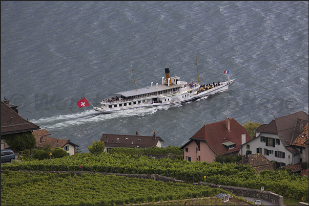 On the lake, sails the fleet of wheel steamboats most largest in the world