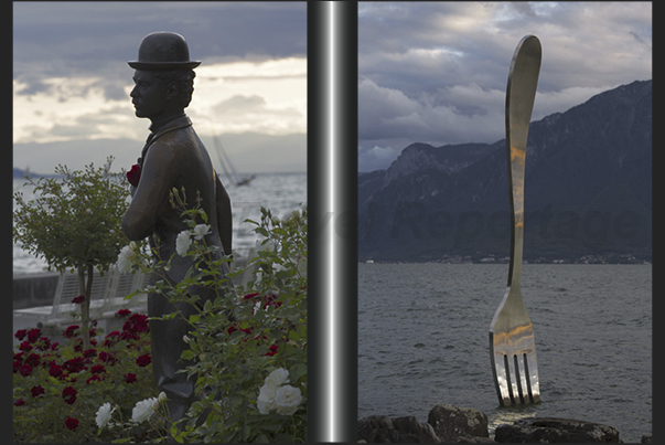Lakeside Montreux. Statue of Charlie Chaplin and the fork that reminds visitors of the Museum of food and nutrition Lakeside Montreux. Statue of Charlie Chaplin and the fork that reminds visitors of the Museum of food and nutrition