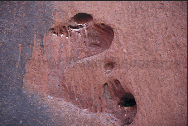 Uluru-Kata Tjuta National Park. Erosions and mysterious caves appear on the walls of the monolith