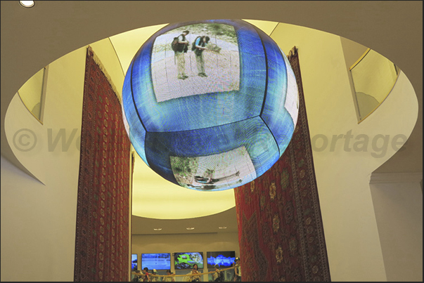 The large spherical monitor inside the pavilion of Turkmenistan The large spherical monitor inside the pavilion of Turkmenistan