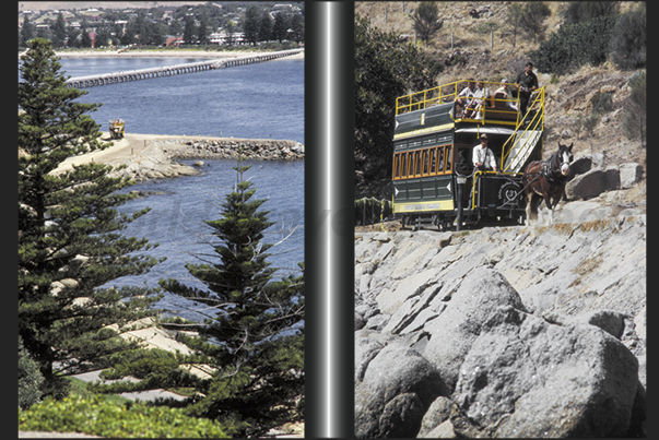 Victor Harbor, Fleurieur Peninsula. The touristic horse tram reaches Granite Island