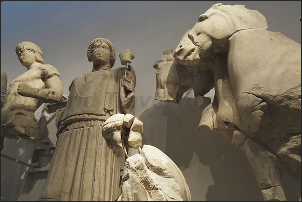 Museum of the archaeological site of Olympia. Details of the statues that once adorned the front of Zeus Temple