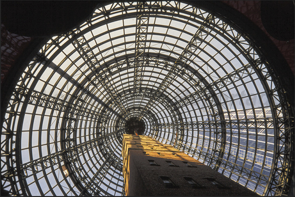 The large conical dome of Melbourne Central with the old tower of 1890