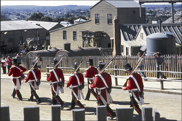 Sovereign Hill, near Ballarat. Soldiers in the streets of the country Sovereign Hill, near Ballarat. Soldiers in the streets of the country
