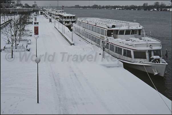 Cruise ships moored in the river port of Vienna, await tourists to leave for the city of Budapest