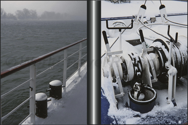 Danube River. Fog, snowstorms and, on the deck, only ice and wind Danube River. Fog, snowstorms and, on the deck, only ice and wind